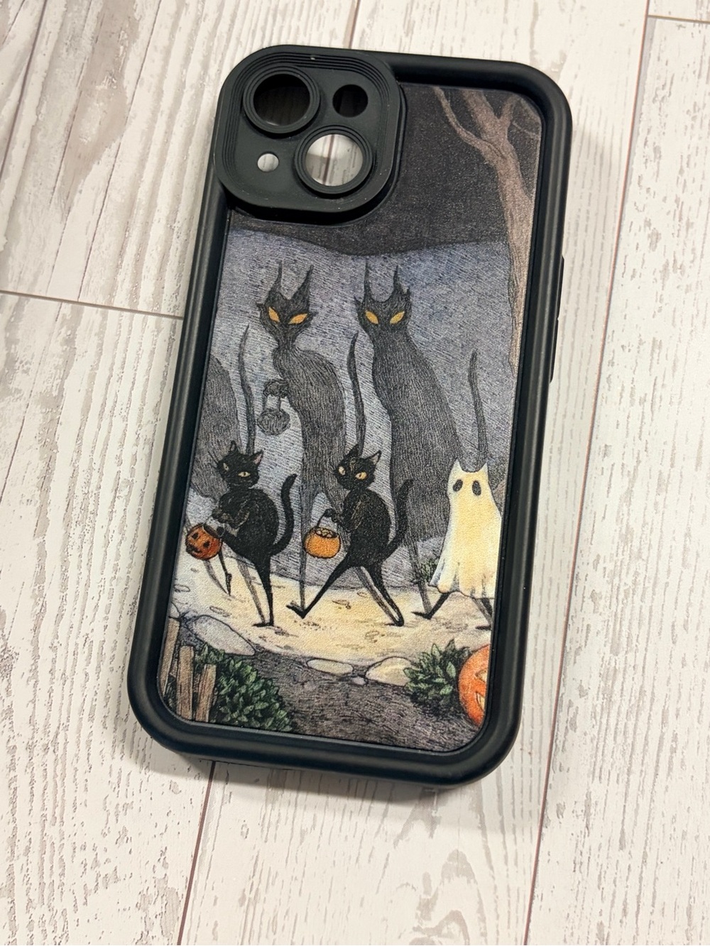 Retro vintage look Halloween Cat & Ghost iPhone Case - Black Frame